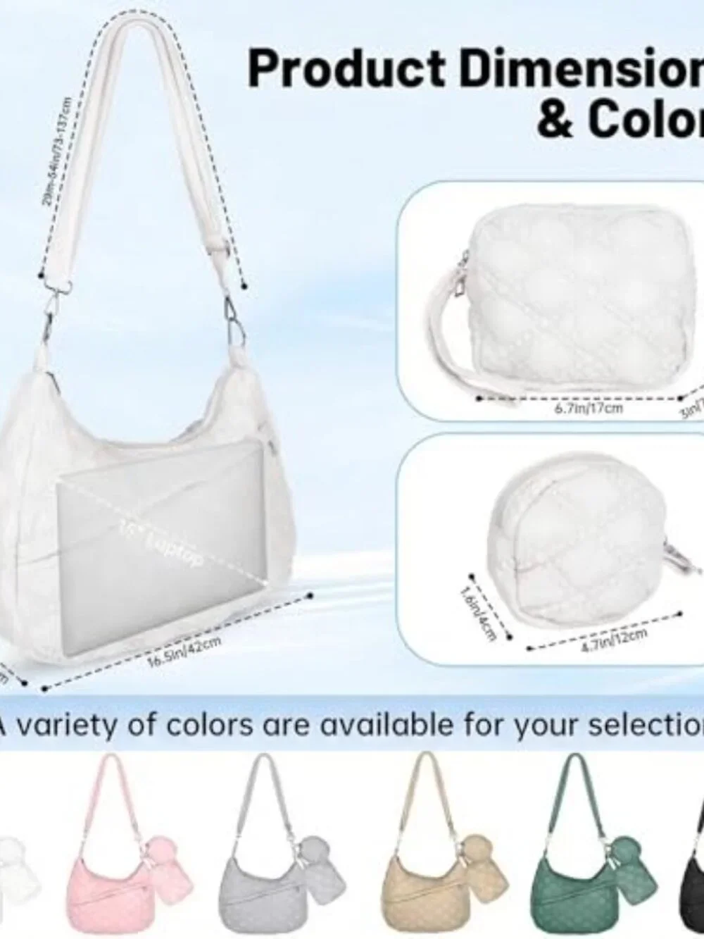 Quilted Puffer Tote Bag Set Hobo Crossbody with Adjustable Strap Nylon